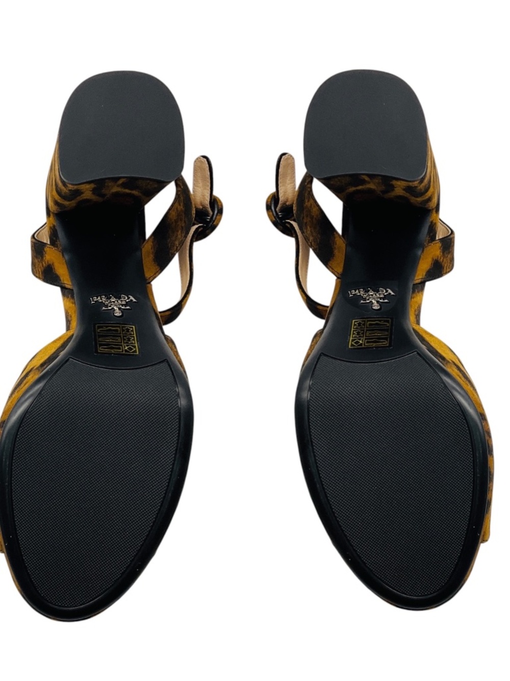 PRADA LIGHT BROWN / BLACK ANIMAL PRINT CHUNKY HEEL SUEDE PLATFORM SANDALS - Picture 6 of 8